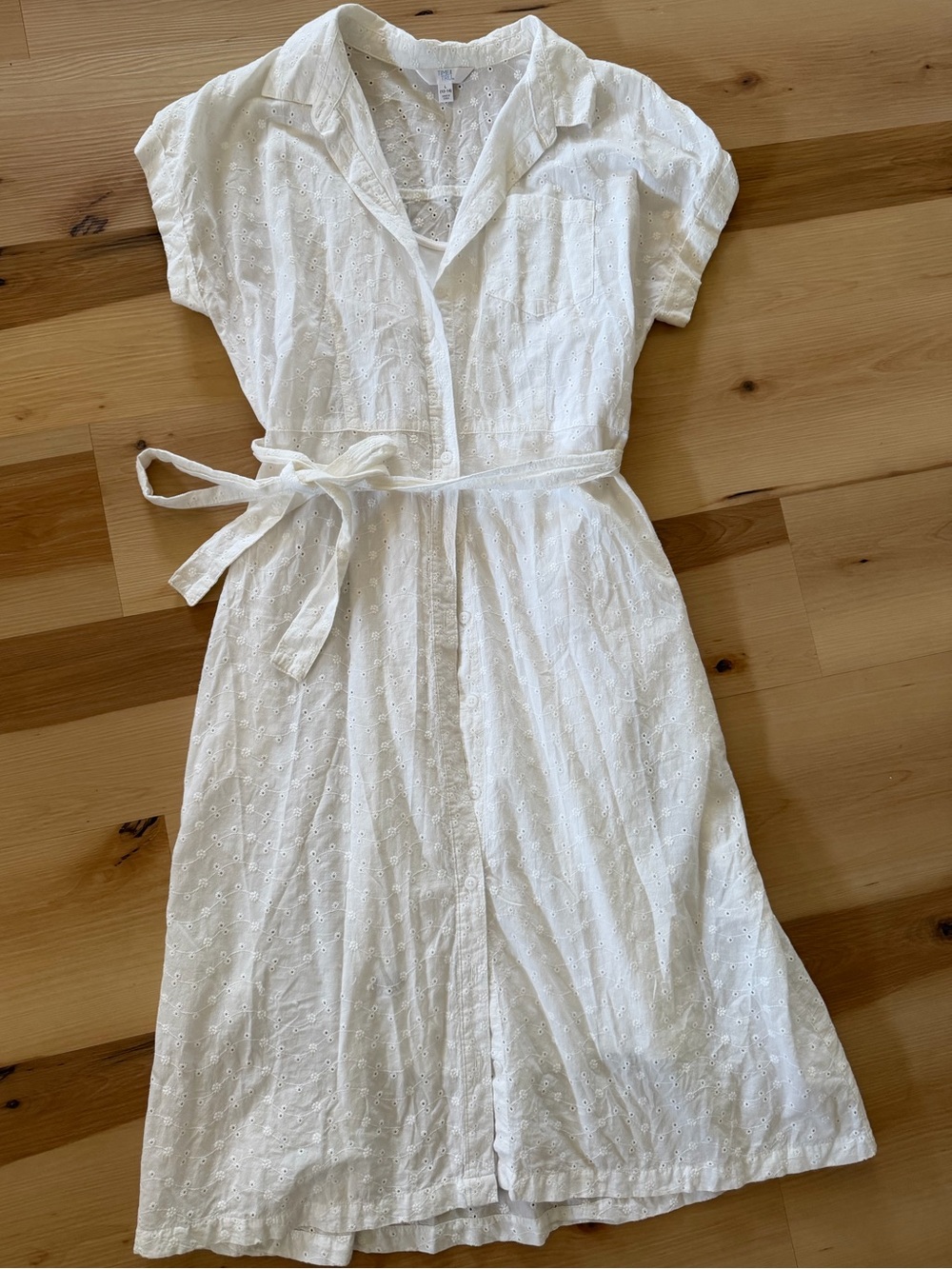 White Eyelet Button-Front Summer Dress with Tie Waist Time Thru